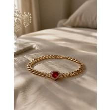 Seyn Accessory Kadın Çelik Kararmaz Mikro Altın Kaplama Kırmızı Kalp Taşlı Bileklik