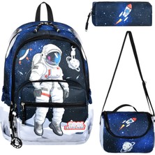 Bodmar Çanta Since 2023 Büyük Astronot Desenli Üçlü Erkek Çocuk Mavi Ilkokul Okul Çantası Seti (Çanta Termal Beslenme Çantası Kalemlik)