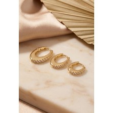 Kyops Gold Renk Oval Halka Model Zirkon Taşlı 3 Lü Küpe Set - Lisinya