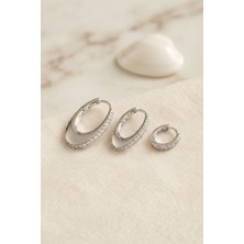 Clariss Gümüş Renk Oval Halka Model Zirkon Taşlı 3 Lü Küpe Set