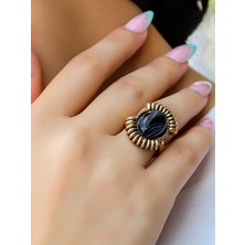Esha Store Doğal Taş Siyah Yemen Akik Doğal Taşlı Kadın Antik Ayarlanabilir Yüzük EUY94SYMA
