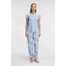Ava Style Kısa Kol Bisiklet Yaka Kadın Viskon Çiçek Desenli Yazlık Örme Dantel Detaylı Pijama Takımı