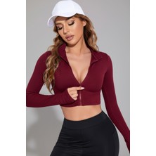 Ava Style Kadın Bordo Uzun Kol Fermuarlı Parmak Geçme Detaylı Dik Yaka Crop Top Bluz Ava