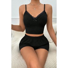 Ava Style Kadın Siyah Alt ve Üst Dantel Detaylı Fiyonklu Şortlu Gecelik Takımı Ava