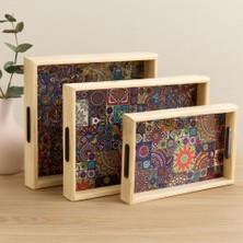 Zenviaa Ahşap Tepsi Seti 3 Boy (Desenli Zemin) - 16X26 / 21X31 / 24X34 Cm, ZENVIAA365423
