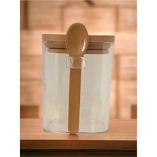Royaleks Group Kare Bambu Kapaklı Kaşıklı Kristal Plastik Baharat Saklama Kabı 500ML ( 1 Adet ) ROYALEKS-HS501