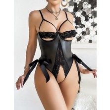 Özel Tasarım Göğüs Dekolteli Arkadan Bağlamalı Özel Bölgesi Açık Fantezi Deri Body Mery W