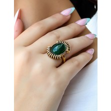 Esha Store Doğal Taş Yeşil Akik Doğal Taşlı Kadın Antik Ayarlanabilir Yüzük EUY94YA