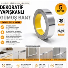 Karapolat Yapı 20MM Gümüş Dekoratif Kendinden Yapışkanlı Şerit Bant 5 Metre Pvc Metalik Gümüş Duvar  ve Mobilya Süsü Çok Amaçlı Dekor Bandı