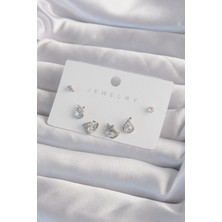 Pirinç Gümüş Renk Zirkon Taşlı Damla Model Küpe Seti 5886 - PINVOX7862-7705
