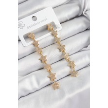 Pirinç Zirkon Taşlı Sallantılı Yıldız Model Gold Renk Kadın Küpe 5886 - PINVOX3159-8301