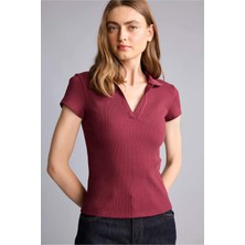 DeFacto Slim Fit Kaçık Yaka Basic Fitilli Kısa Kollu Bordo Polo Tişört G8735AX26SP