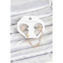 Rafiel Kelebek Model Pirinç Gold Renk Zincir Bağlantılı Ear Cuff Küpe Seti