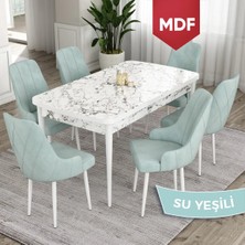 Canisa Concept Ram Serisi, MDF 80X132 Açılabilir Yemek Masası Takımı, Beyaz Mermer Desen Masa, 6 Babyface Kumaş Sandalye