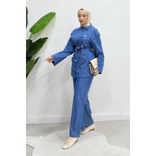 Tesettür Diyarı Polka Kuşaklı Ceket-Pantolon Denim Tesettür Takım- Mavi