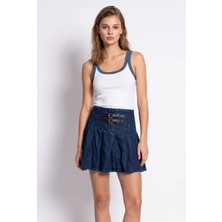 Mixray 2191 Kadın Çift Tokalı Pilili Yüksek Bel Denim Mini Etek Lacivert