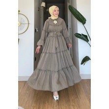 Tesettür Diyarı Parlin Tül Modal Kumaş Kuşaklı Tesettür Elbise- Haki