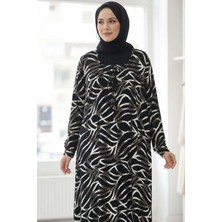 Tesettür Diyarı Kadın Desenli Renkli Tesettür Elbise -Siyah