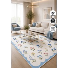 Pelura Halı Renkli Floral Desen Mavi Çerçeveli Baskılı Kaymaz Yıkanabilir Salon Oturma Odası Mutfak Balkon Halısı Yolluk