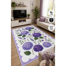 Pelura Halı Floral Mor Ortanca Desen Baskılı Kaymaz Yıkanabilir Salon Oturma Odası Mutfak Balkon Halısı Yolluk