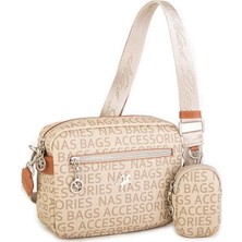 Nas Bag Kadın Çapraz Çanta Mini Cüzdanlı Ayarlanabilir Askılı Vizon Taba Yazılı