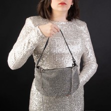 Nas Bag Kadın Çapraz  Çanta  Siyah White Diamond Beyaz Taşlı Ayarlanabilir Askılı