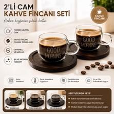 Tunay 2'li Good Morning Yazılı Cam Kahve Fincan Seti- Ahşap Altlıklı