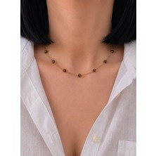 Sun Jewellery Kaplan Gözü Doğal Taşlı Paslanmaz Çelik Gold Kadın Kolye
