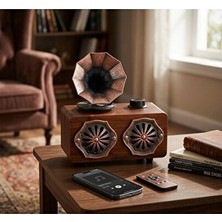 Marvielle Retro Gramofon Görünümlü Bluetooth Hoparlör, Ahşap Desenli - Nostaljik Radyo