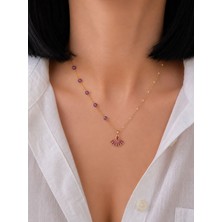 Sun Jewellery Ametist Doğal Taşlı Yelpaze Figürlü Paslanmaz Çelik Gold Kadın Kolye