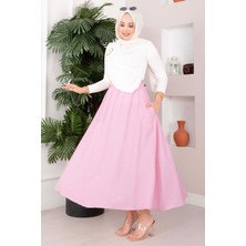 Kç Beli Lastikli Cep Detaylı Etek Pembe