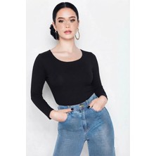 CHEISU Kadın Siyah Uzun Kollu Yuvarlak Yaka T-Shirt Bluz Kaşkorse Fitilli