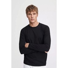 CHEISU Erkek Siyah Basic Bisiklet Yaka Uzun Kollu T-Shirt %100 Pamuk Sweatshirt