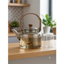Assa Bazaar Cam Bitki Çayı Demliği Metal Süzgeçli Ahşap Desenli Saplı Isıya Dayanıklı Çaydanlık