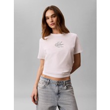Calvin Klein Kadın Normal Kesim Pamuklu Yuvarlak Yakalı Ck Logo Baskılı Kısa Kollu Beyaz T-Shirt LV047G831G-YAF
