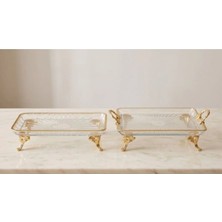 Assa Bazaar Gold Kulplu Ayaklı 2'li Cam Sunumluk Seti Dekoratif Lokumluk ve Ikramlık Takımı Çeyizlik Ev Hediyesi