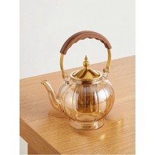 Assa Bazaar Cam Bitki Çayı Demliği Gold Süzgeçli Ahşap Desenli Saplı Isıya Dayanıklı Çaydanlık