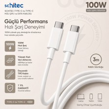 Schitec 3 Metre Type-C To Type-C Data ve Şarj Kablosu 6A 100W Dayanıklı Beyaz Renk