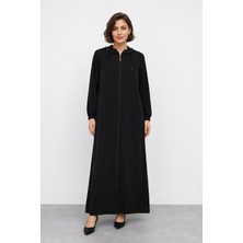 Bihan Store Kadın Boydan Fermuarlı Çıkarılabilir Kapüşonlu Kap Y26-2623 - Siyah