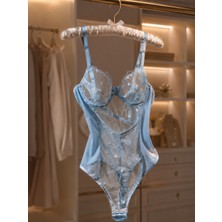 Veloura Mavi Transparan Kalp Desenli Bodysuit