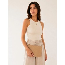 Kadın Jüt Hasır Kumaş Fermuarlı Portföy Clutch El Çantası