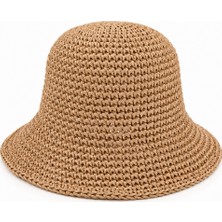 Mollycrush Kadın Camel Hasır Örgü Bucket | Bohem Stil Plaj ve Güneş Şapkası