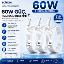 Schitec 3 Paket 3A 60W Type-C To Lightning Hızlı Data ve Şarj Kablosu 1 Metre / 2 Metre / 3 Metre Beyaz SX253P