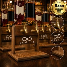 BK Gift Logonuza Özel 5 Adet Çift Pirinç Musluklu Doğal Ahşap Içecek Standı Kurumsal Set