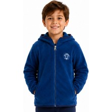 Erkek Çocuk Classic Yazı Nakışlı Kapüşonlu Fermuar Kapamalı Cepli Lacivert Renk Polar Hırka