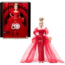 Kırmızı Tül Elbisesi, Damla Küpeleri ve Tül Eldivenleri ile Sarı Saçlı Barbie Signature Beb