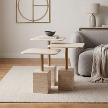 Her Dizayn Aksesuar Modern Zigon Sehpa Trio Servis Sehpası Traverten Desenli %100 Mdf