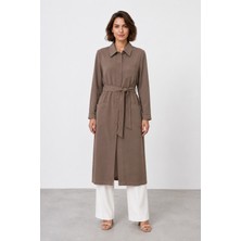 Bihan Store Kadın Önü Düğmeli Polo Yaka Kuşaklı Midi Boy Dış Kap Y26 25217 - Vizon