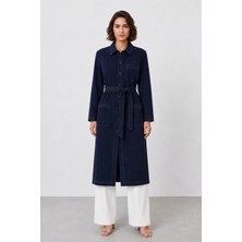 Bihan Store Kadın Önü Düğmeli Polo Yaka Kuşaklı Midi Boy Dış Kap Y26 25217 - Lacivert