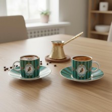 Özel Kutulu 2'li Porselen Türk Kahvesi Fincan Takımı - Kuş ve Kelebek Desenli Kırmızı/yeşil